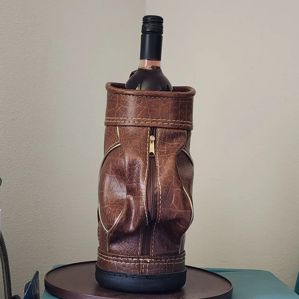Bottle Holder Miniature Golf Bag With 2 Zipper Pockets Faux Leather ROC Vintage